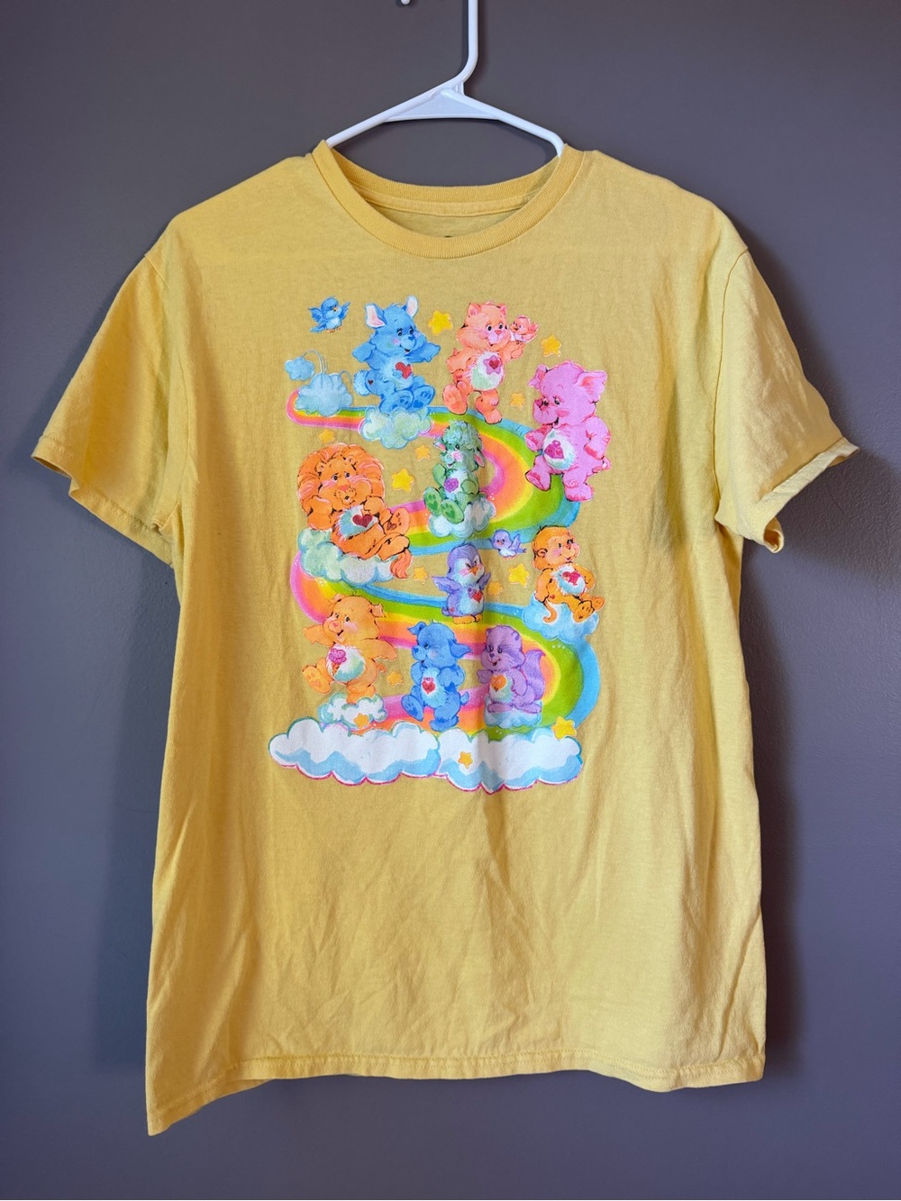 Vintage 2000’s Care Bears Yellow Tee with Rainbow Cloud Graphic 100% cotton